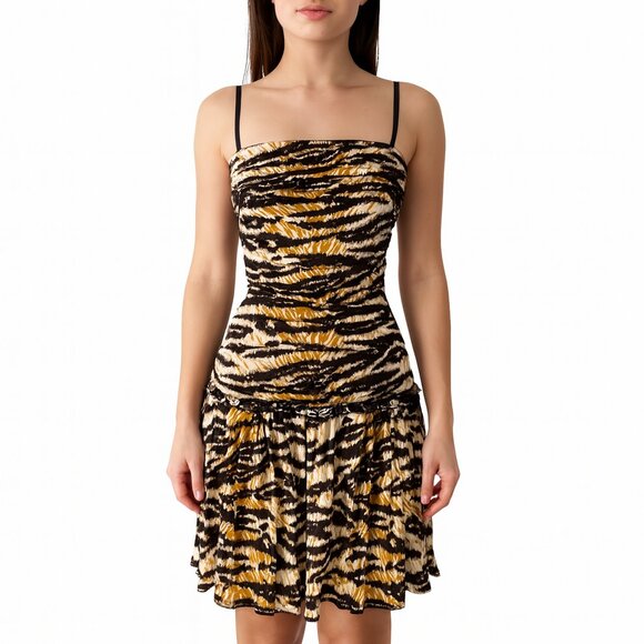 D&G Dolce & Gabbana Dress 38 Brown Tiger Print Ruched Mini Bodycon - Picture 1 of 8